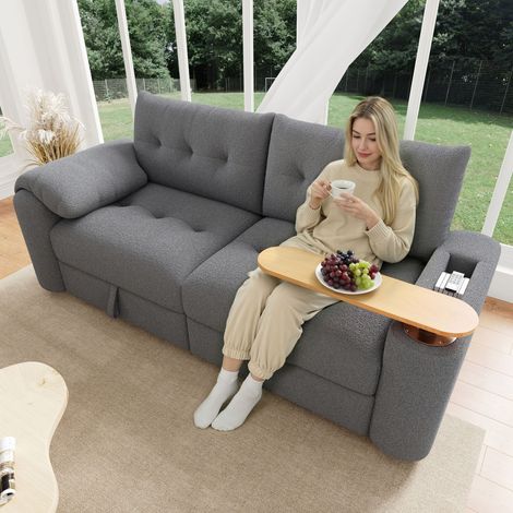 Divano Teddy in peluche, 3 posti, piccolo, modulare con contenitore, poggiatesta e tavolino integrato – divano letto salvaspazio per appartamenti, soggiorni e camere per gli ospiti, grigio (1/5)