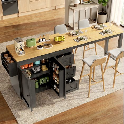 MEUBLIV Îlot de cuisine mobile 116-179,5 cm noir – 3 tiroirs, roulettes, rangement (1/5)