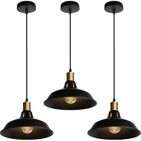 Lámpara colgante industrial vintage con casquillo E27, pantalla metálica, diseño retro nórdico, cable ajustable (negro, paquete de 3) para sala de estar. (1/5)