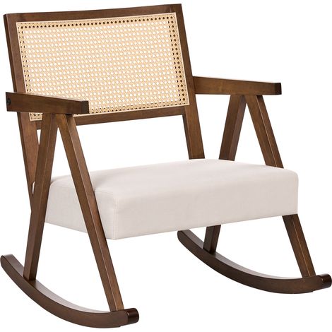 Sillón mecedora tapizado respaldo con trenza vienesa estilo escandinavo estructura de madera de caucho tela marrón y beige claro Rya
