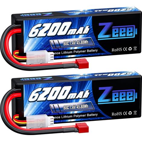 2S Lipo Batterie 7,4V 80C 6200mAh avec Prise Deans Lipo RC Akku étui Rigide pour Voiture RC, Avion RC, hélicoptère RC Hobby (2 Paquets) (1/5)