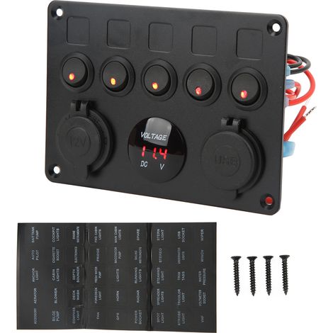 Panneau de 5 interrupteurs étanche 12-24V avec voltmètre numérique rétroéclairé rouge pour bateau, camping-car, remorque, camion (1/5)