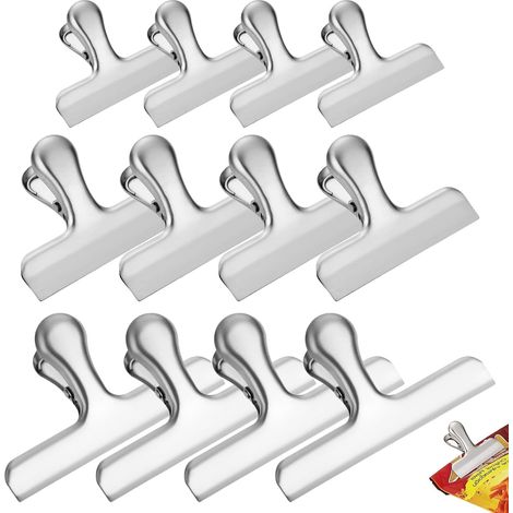 Clips reutilizables para bolsas de alimentos, paquete de 12 unidades, de acero inoxidable, en 3 tamaños, para cocina, hogar y oficina. (1/5)