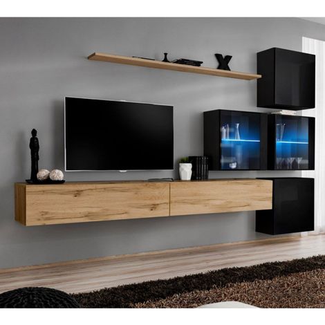Meuble TV Mural Design "Switch XIX" 310cm Naturel & Noir (1/4)