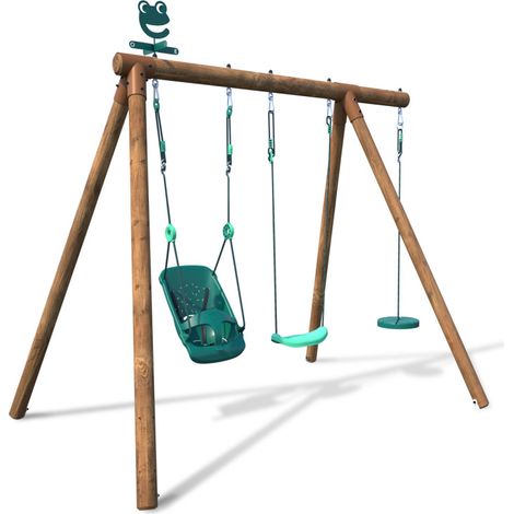 Portique en bois rond 3 agrès avec balançoire bébé et corde disque TIAGO