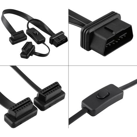 Connecteur OBD2 femelle 16 broches vers double mâle, rallonge plate avec interrupteur, adaptateur de câble plat (1/5)
