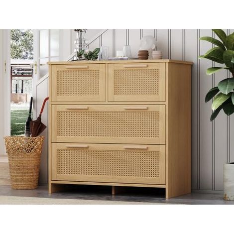 Buffet 80 x 80 x 38 cm en rotin avec 4 tiroirs et poignées en bois massif pour chambre ou salon (1/5)