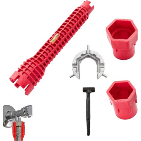 Clé de Robinet Multifonction 8 en 1,Outil de Plomberie Compact pour Lavabo,Outil Manuel d'installation et de Retrait de Robinet,Rouge (1/5)