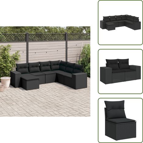 7-tlg. Garten-Sofagarnitur mit Kissen Schwarz Poly Rattan - Gartengestelle - Gartenmöbelset - Outdoor Möbel - Lounge Set - Rattan Gartenmöbel (1/5)