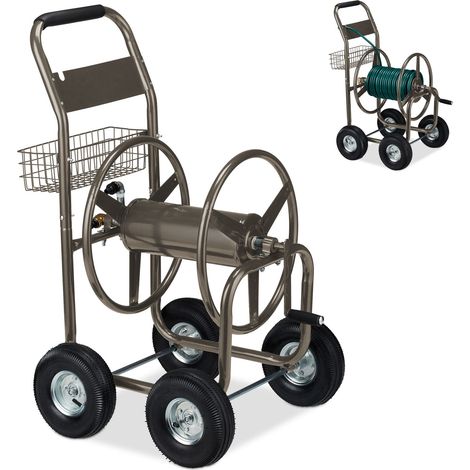 Relaxdays Hose Trolley, Up to 90 Meters, 4 Pneumatic Wheels, H x W x D: 113 x 62 x 90 cm, Steel, Brown
