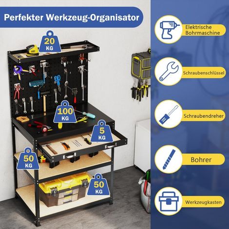 Etabli 81 x 41 cm table de travail capacite de charge 225 kg avec paroi perforee et amp tiroirs et amp etageres noires (1/5)
