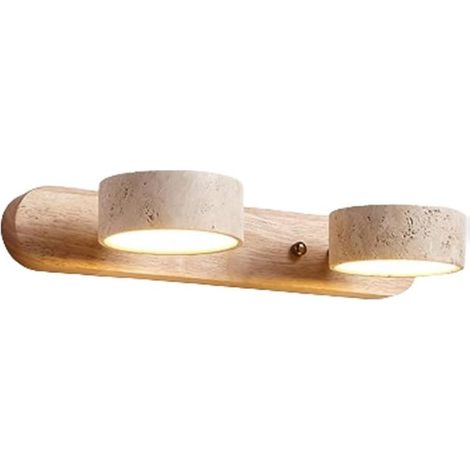 Applique murale linéaire en pierre naturelle style ferme – Bois et travertin jaune, 2 à 4 lampes – Éclairage LED rotatif 180° pour salle de bain (bois 32 cm) (1/4)