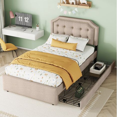 Cama tapizada 90x200 con cajones y almacenaje MDF OKMYHOME (1/5)