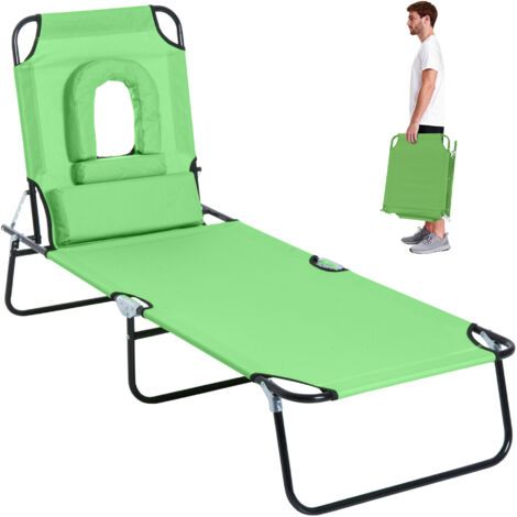 Transat avec ouverture pour le visage et coussin, pliable, housse déperlante, structure en métal, vert