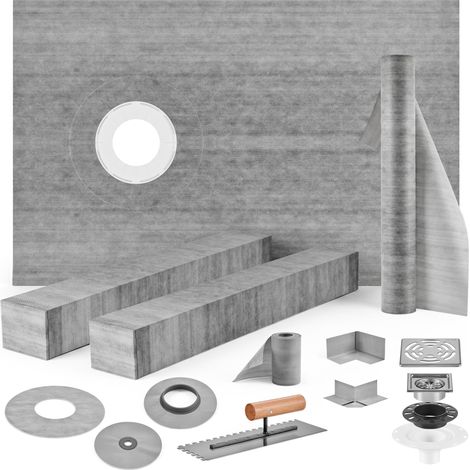 Kit receveur de douche 965x1524 mm seuil de douche étanche avec drain décalée PVC, grille acier inoxydable 10 cm, 2 bordures de douche et truelle découpables, bac de douche pour salle de bain (1/5)