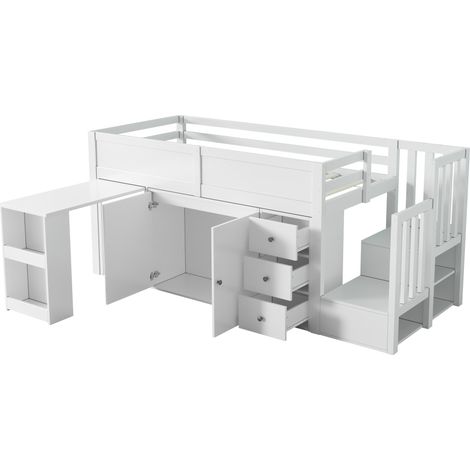 Multifunktions-Kinder-Hochbett aus weißem MDF 90 x 200 mit Schreibtisch und Stauraum (1/5)