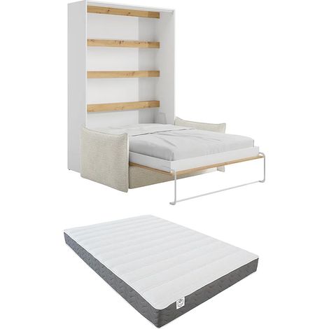 Letto a scomparsa 140 x 200 cm Apertura verticale manuale Con LED Bianco e naturale + Divano + Materasso - RAPILI (1/5)