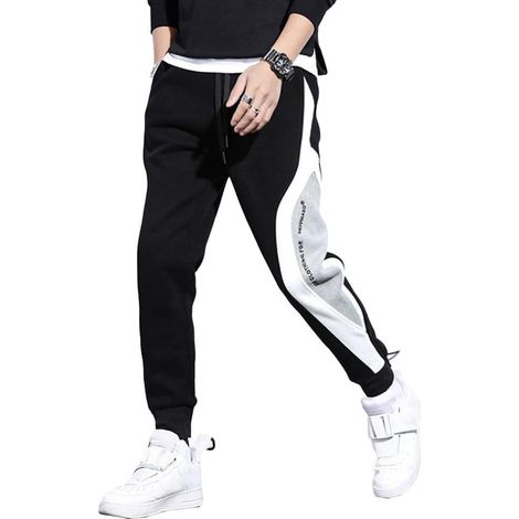Men's hip-hop jogging pants, loose fit, drawstring, elastic waistband, casual sportswear, streetwear, spliced design, full-length pants for everyday wear (1/5)