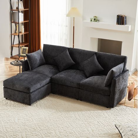 Divano angolare modulare 216x161x81 cm in chenille grigio con pouf mobile, per soggiorno – MEUBLIV (1/5)