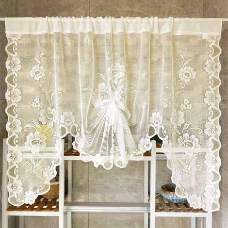 Cortinas semitransparentes de encaje floral beige, perfectas para la cocina y el baño. Dimensiones: 100 x 100 cm. (1/5)