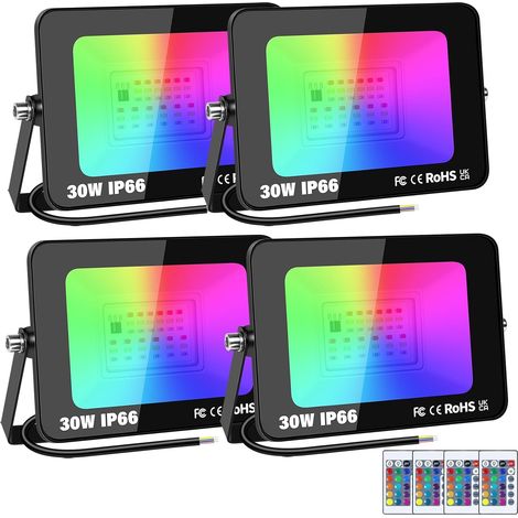 4 Pack 30W RGB Projecteur LED Extérieurs Avec Télécommande, Exterieur & Interieur 16 Couleurs 4 Modes RGBW Lumière de Projecteur, Neon Spot Led Pour Jadin, Terrasse, Patio, IP66 étanche (1/5)