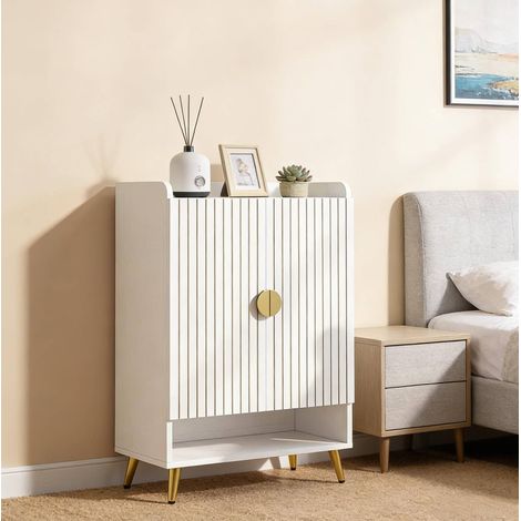 Meuble à chaussures blanc et or en bois et métal avec 7 niveaux, étagère réglable et portes fermées (1/5)