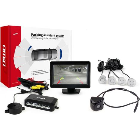 Kit di sensori di parcheggio TFT01 da 4,3" con telecamera HD-310, 4 sensori argento (1/5)