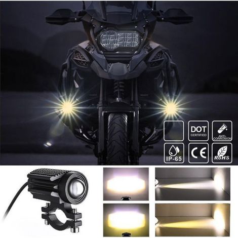 2 phares LED pour moto, 12 000 lm, tricolores, mini phares, feux antibrouillard, 60 W, 6 000 K (1/5)