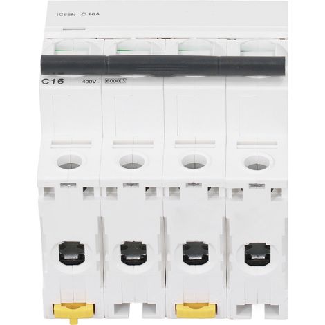 Disjoncteur 4 pôles 16A courbe C 400V, 6000A pouvoir de coupure, montage sur rail DIN, isolant Pa66, protection basse tension.