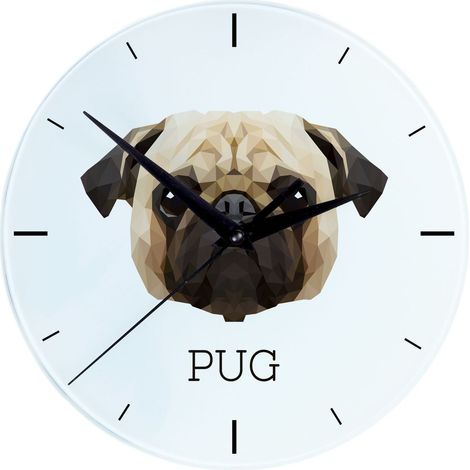 Reloj de pared geométrico con foto e inscripción de Carlin, el perro pug, realizado por Art-Dog. (1/4)