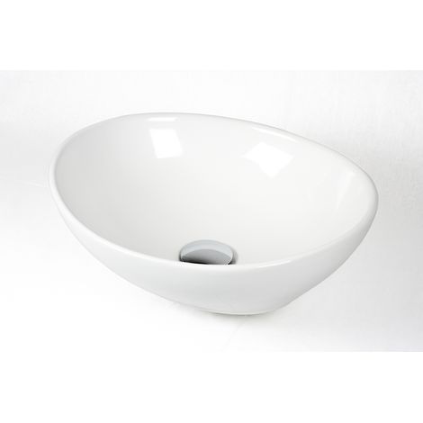 Waschbecken Keramik Aufsatzwaschbecken Oval 41 x 34 cm weiß Komplettset (1/4)