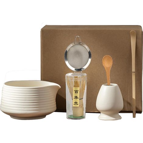 Matcha Tee Set 6-teilig Beige Weiß mit Schale, Besen und Löffel (1/5)