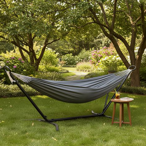 Hamac avec support, 210 x 150 cm, 5 hauteurs réglables, hamac portable avec cadre métal, sur pieds, capacité de charge 240 kg, terrasse, jardin, cour, Support Noir et Hamac Gris GHS001G01