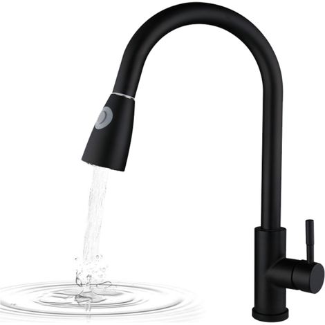 Grifo de cocina extraíble con 2 tipos de chorro, grifo de lavabo de caño alto, cabezal rociador extraíble, válvula cerámica, acabado pintado en negro, giro de 360°. (1/5)