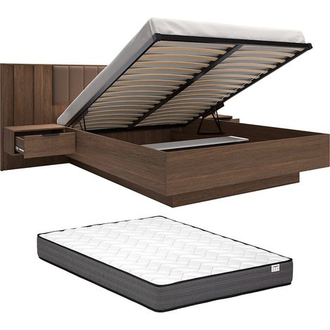 Lit coffre avec chevets 160 x 200 cm et tête de lit en tissu - Coloris : Naturel foncé et marron + Matelas - KALSIYA (1/5)