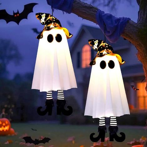 Décorations Halloween : 2 Fantômes LED Suspendus, Lanternes d'Intérieur et d'Extérieur à Lumière Colorée (1/5)