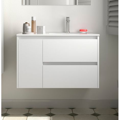 Noja Unterschrank 850 2 Schubladen 1 Tür li + Waschbecken White Gloss