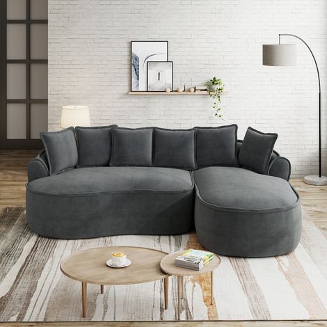 Canapé d'angle modulaire chenille douce gris, assise profonde, méridienne moderne, coussins inclus