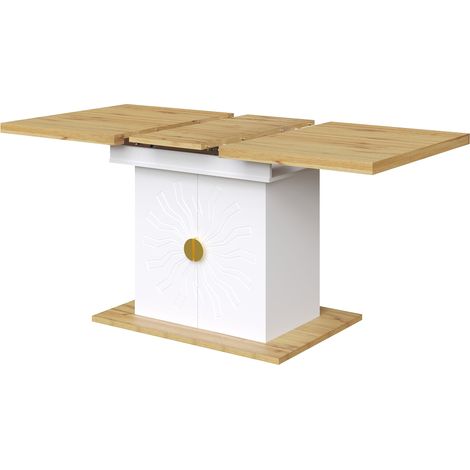 Ausziehbarer Esstisch 110–140 x 70 x 76,5 cm aus MDF mit Stauraum und Sonnenrelief (1/5)