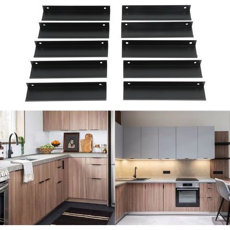 Lot de 10 poignées invisibles de style minimaliste américain, profilées en aluminium noir, type G, pour meubles, armoires et tiroirs. Poignées à bord scellé. (1/5)