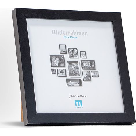 Cadre photo moderne et intemporel en MDF noir pour petites photos 15 x 15 cm avec verre acrylique Il convient comme support de table ou à poser au mur en format (1/5)