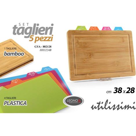 Tagliere da Cucina in Bamboo + 4 Tagliere in Plastica 38 x 28 cm