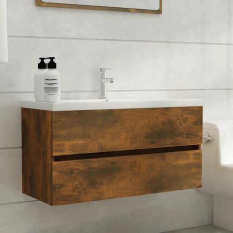 Armoire de lavabo Meuble de salle de bain Chêne fumé 90x38,5x45 cm Bois d'ingénierie 39739 (1/5)
