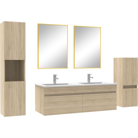 Ensemble meubles Salle de Bain 120cm avec colonne + miroir mural Chêne Wotan