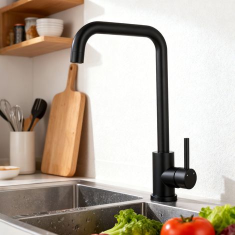 Océan Robinet de cuisine mitigeur monocommande acier inoxydable 304, 360° rotatif, bec haut/pivotant 7-Forme, finition noir