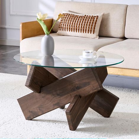 Table basse ronde 79 cm verre trempé mdf noyer style moderne salon (1/5)