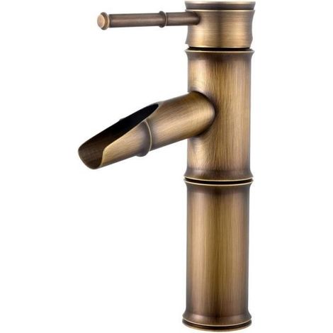 Robinet Mitigeur Cascade Salle de Bain en Laiton - Robinet Lavabo Antique Mélangeur Bambou - Monotrou - Fixe (1/4)