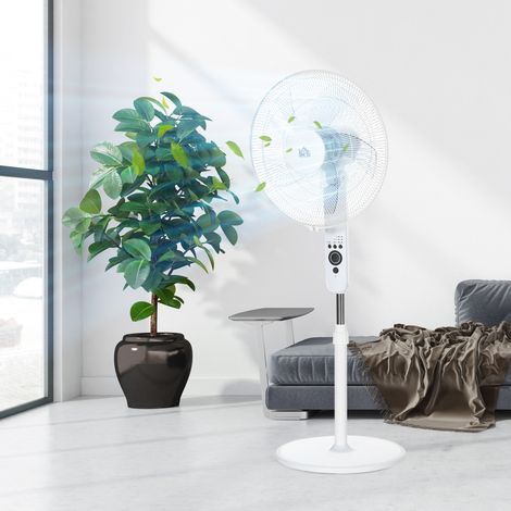 Ventilador de pedestal con mando a distancia, altura regulable, 3 velocidades, metal, blanco, Ø44,5 x H110-124 cm