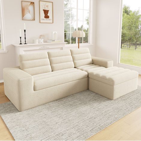 Canapé modulaire d’angle en L 253 x 161 x 89 cm, velours côtelé beige HAVRYA (1/5)