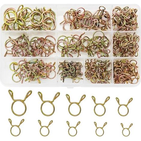 Colliers de serrage Dailygoods, 250 pièces, colliers à ressort, acier/zinc, tailles 5-14 mm, boîte en plastique, colliers rangés proprement et soigneusement (1/5)